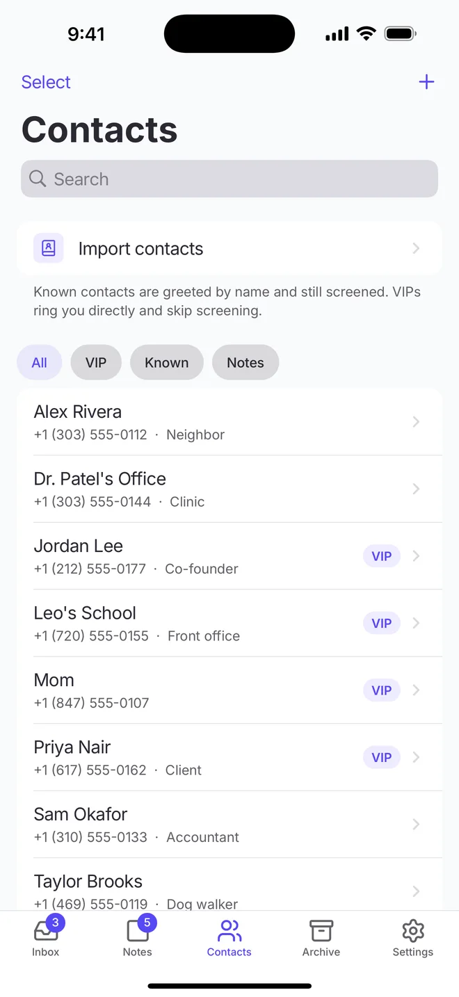 The Contacts screen on iPhone: a searchable list with VIP badges on the people who ring straight through.