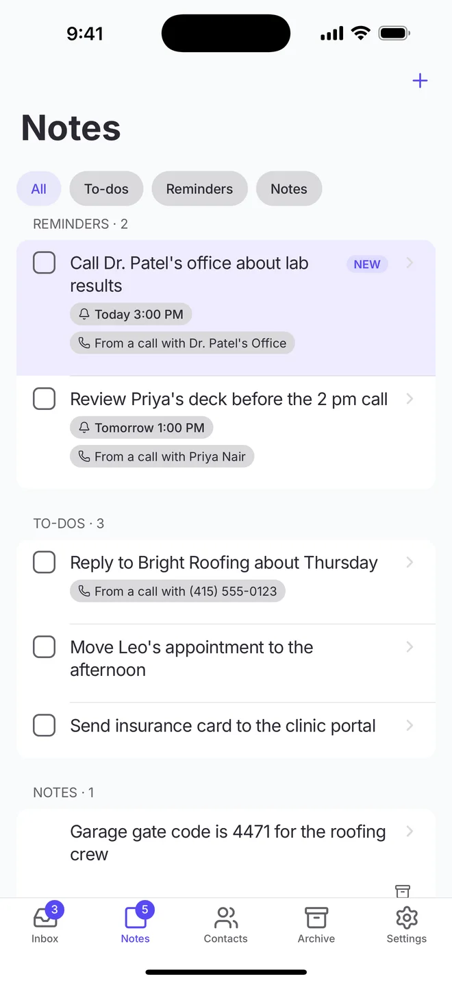 The Notes screen on iPhone: reminders and to-dos, each tagged with the call it came from.